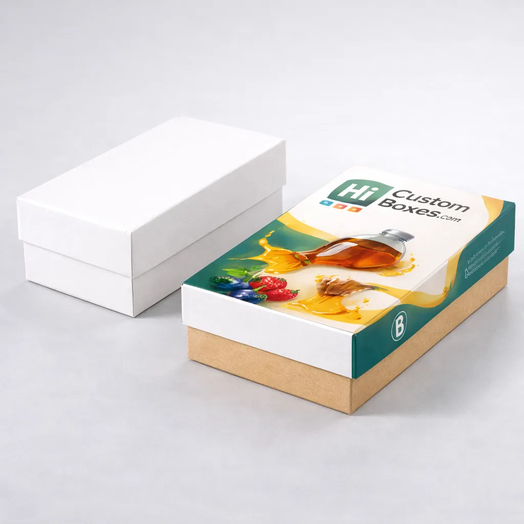 Two rectangular gift-style boxes with lids, one plain white and one with a branded fruit syrup illustration. class=